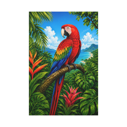 Tropical Parrot Canvas Wall Art – Colorful Scarlet Macaw Beach Scene