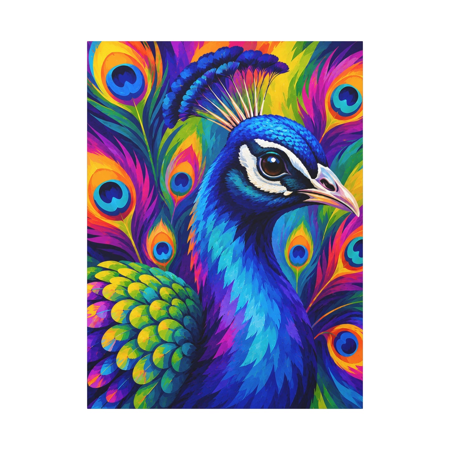 Vibrant Peacock Matte Canvas Print — Colorful Stretched Wall Art