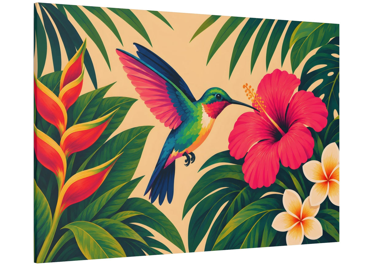 A square canvas wall art print featuring a colorful tropical scene with a hummingbird, hibiscus flowers, and palm leaves on a warm beige background.