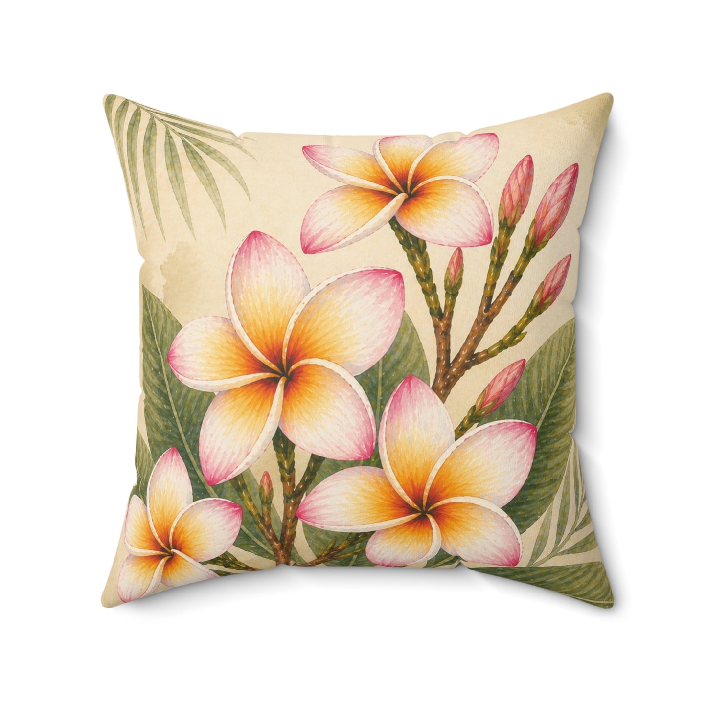 Frangipani Plumeria Floral Faux Suede Pillow — Tropical Blossom Square Decorative Pillow