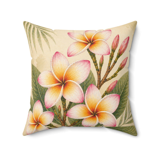 Frangipani Plumeria Floral Faux Suede Pillow — Tropical Blossom Square Decorative Pillow