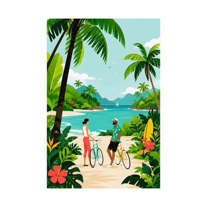 Illustration of a couple with bicycles and a surfboard on a tropical beach.
