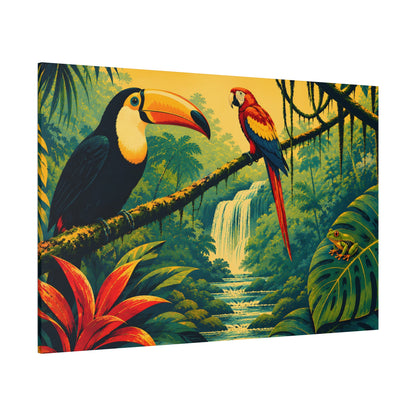 A square canvas wall art print depicting a vibrant tropical jungle scene with a black-and-white toucan on the left, a red-and-blue parrot on a branch in the center-right, lush green foliage, and a waterfall in the background.