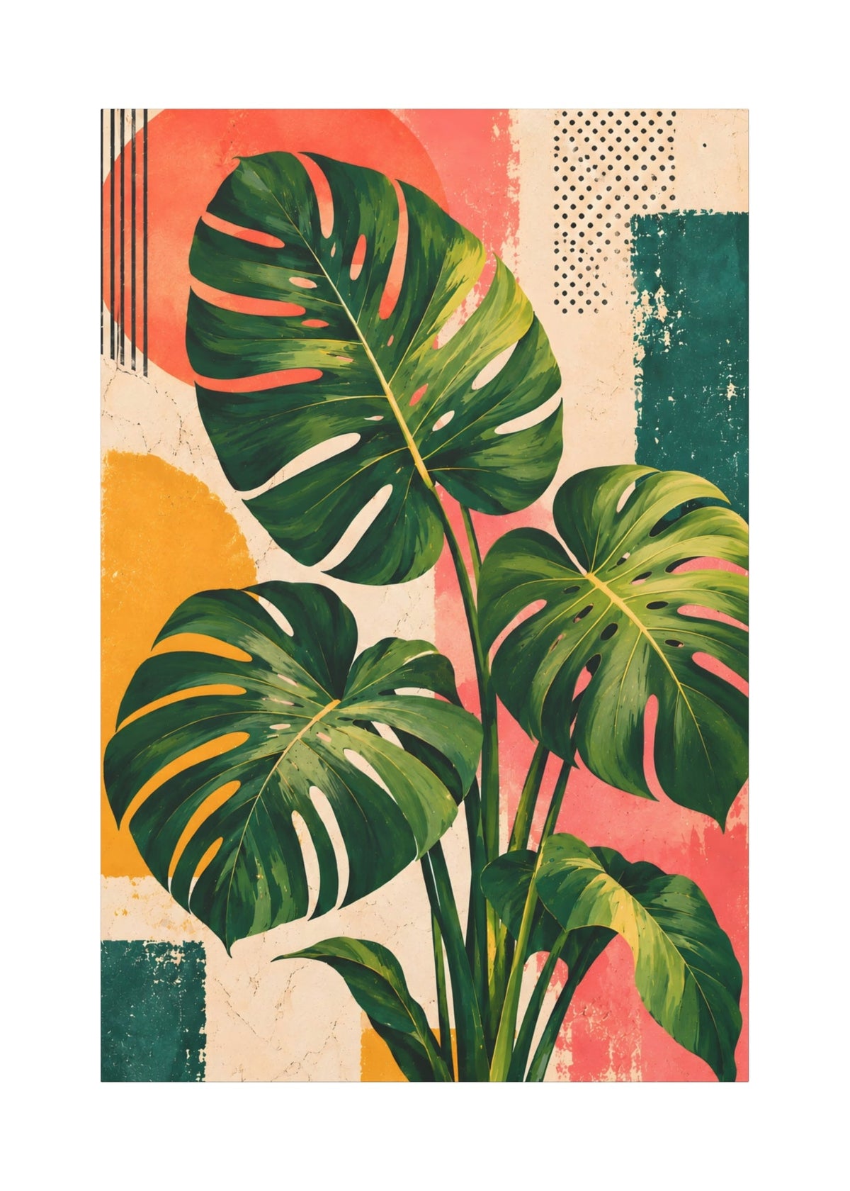 A vertical art print featuring large green monstera leaves over a retro abstract background with coral pink, orange, cream, and teal geometric shapes.