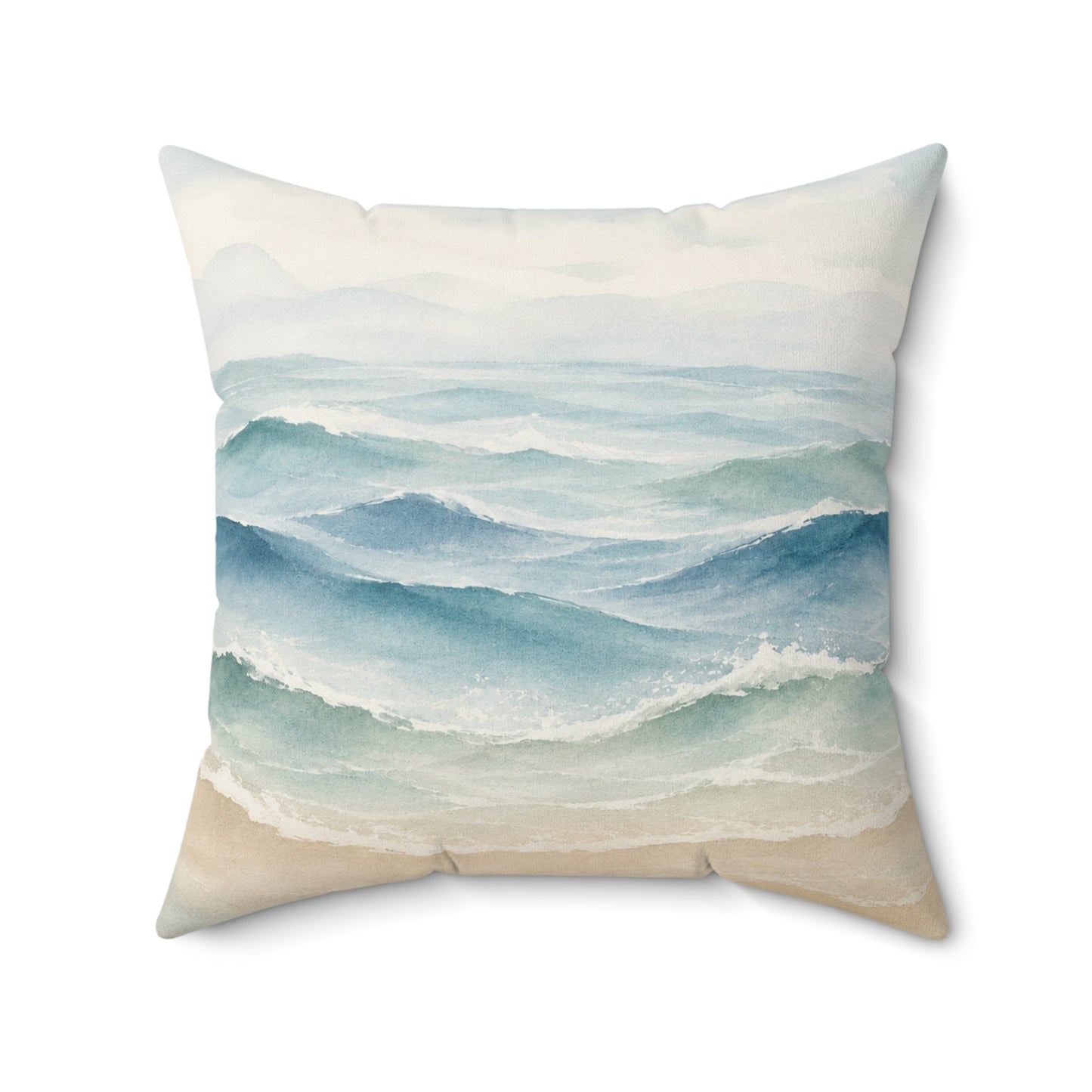 Coastal Waves Faux Suede Pillow — Watercolor Ocean Throw Pillow