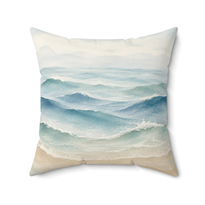Coastal Waves Faux Suede Pillow — Watercolor Ocean Throw Pillow