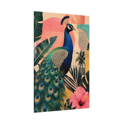Towel with a peacock and tropical leaf design on a white background