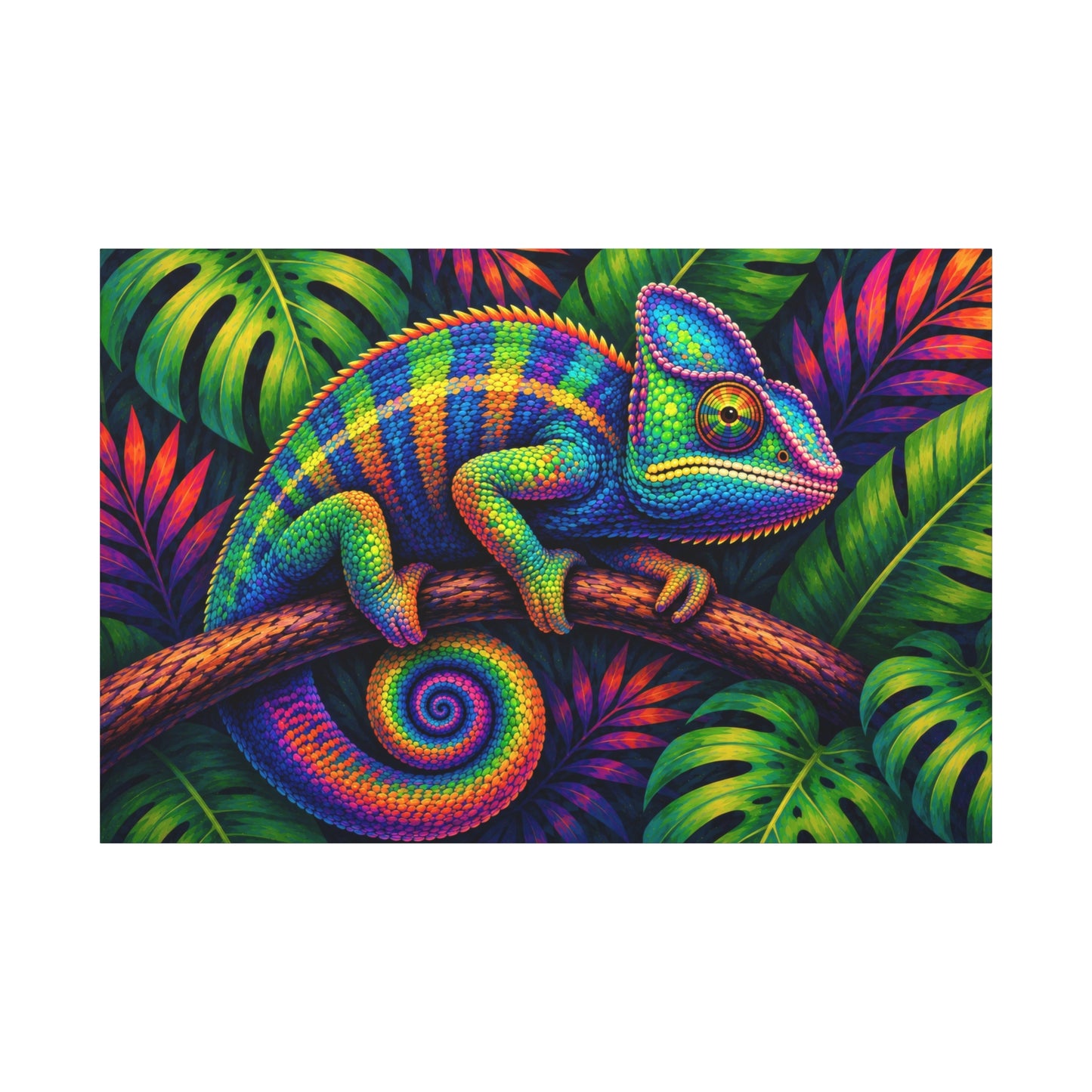 A vibrant, colorful illustration of a chameleon perched on a branch among lush tropical leaves, rendered in a rainbow gradient palette on a white background.