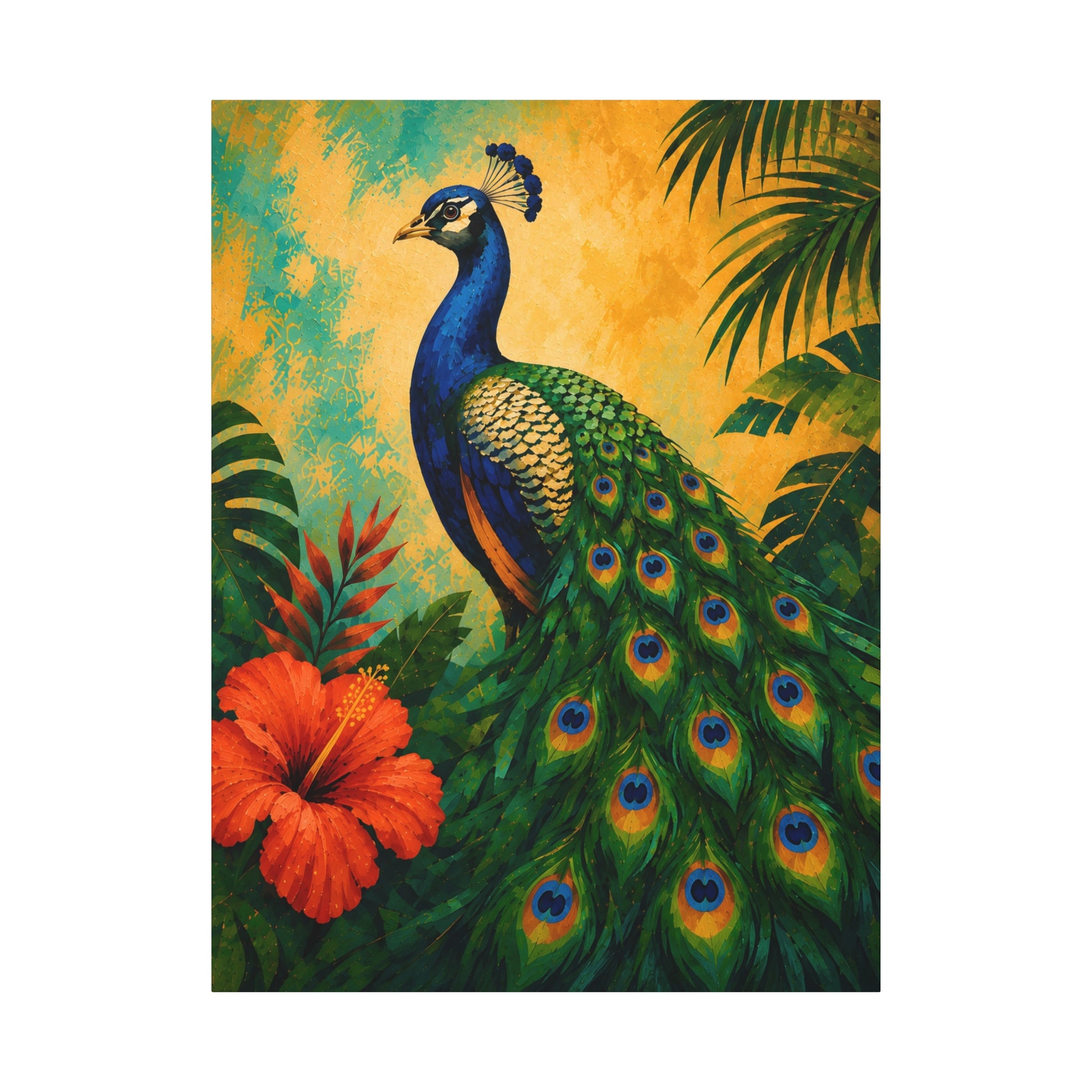Painting of a peacock with vibrant colors and tropical plants on a yellow background