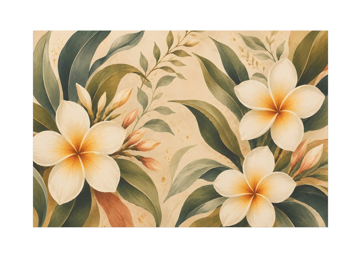 A rectangular art print featuring a tropical floral design with cream plumeria flowers and green leaves on a warm beige background, shown against a plain white backdrop.