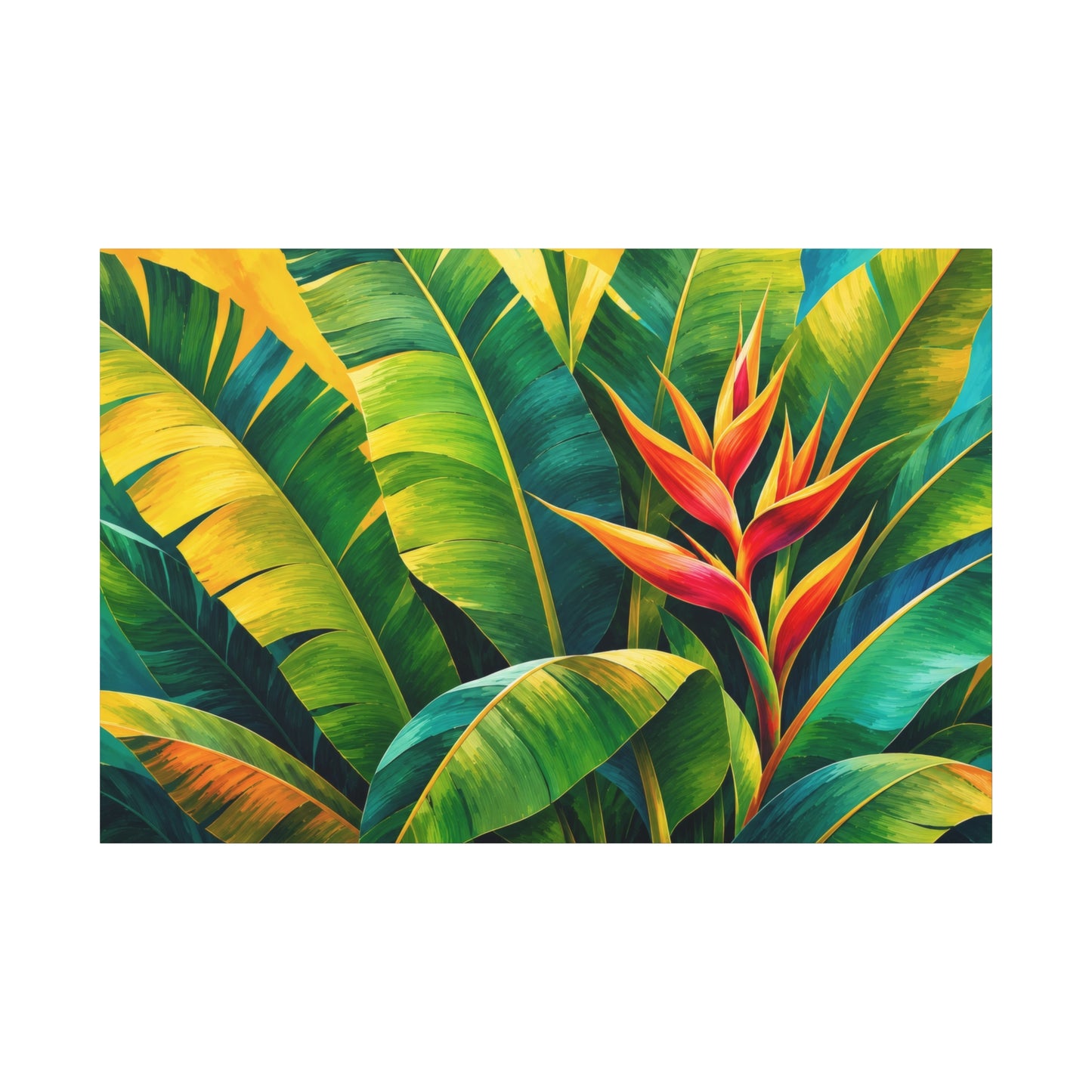 A colorful tropical art print featuring large green banana leaves and a bright red-orange heliconia flower, centered on a white background.
