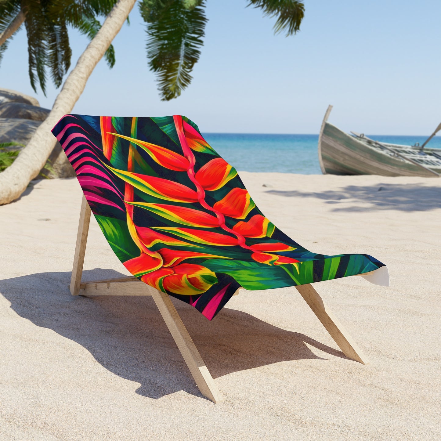 Tropical Heliconia Beach Towel — Vibrant Floral Tropical Leaf Pattern