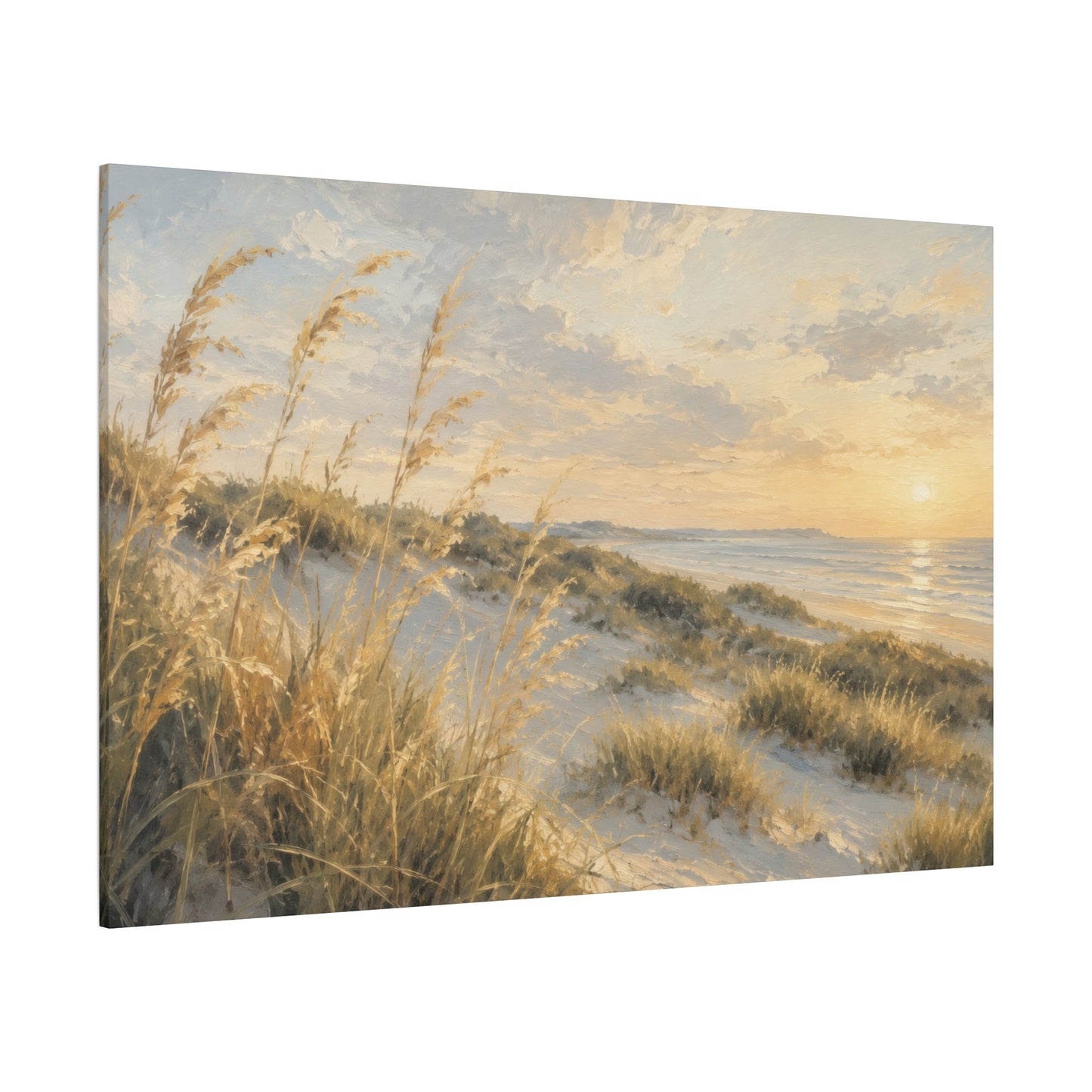 A square canvas wall art print depicting a beach dune landscape at sunset, with golden grasses in the foreground, white sand, ocean water, and a glowing sky. The canvas is shown at an angle against a plain white background.