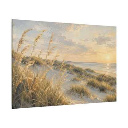 A square canvas wall art print depicting a beach dune landscape at sunset, with golden grasses in the foreground, white sand, ocean water, and a glowing sky. The canvas is shown at an angle against a plain white background.