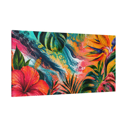 Tropical Floral Canvas Wall Art — Vibrant Hibiscus & Monstera Matte Print