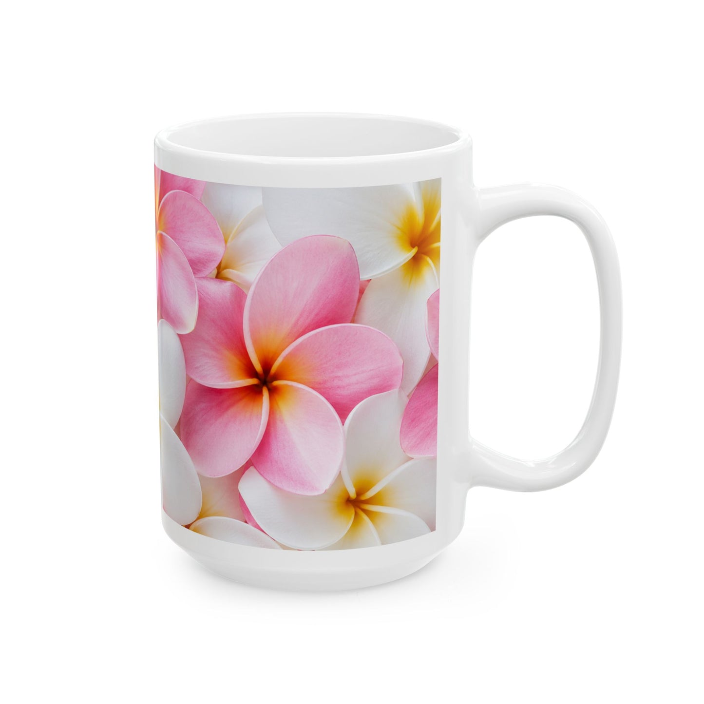 Pink Plumeria Floral Ceramic Mug — Tropical Frangipani Coffee Cup (11oz & 15oz)
