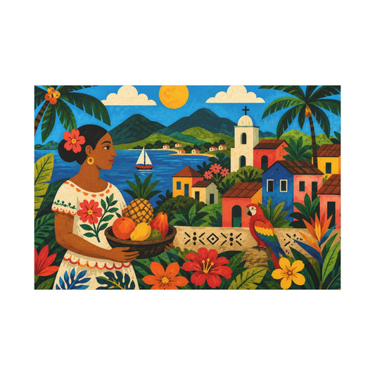 Tropical Village Canvas Wall Art — Colorful Mexican Folk Scene with Woman & Fruits