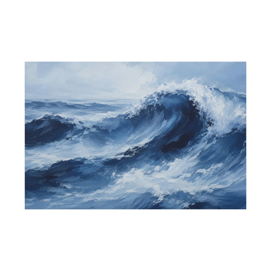 A square canvas art print depicting a dramatic blue ocean wave with white sea foam under a pale sky, shown against a solid white background.