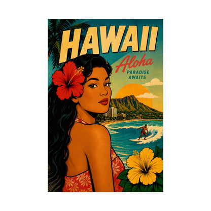 Vintage-style Hawaii travel poster featuring a woman with a red hibiscus flower in her hair, a yellow flower in the foreground, a surfer on the ocean, and large text reading 'HAWAII' and 'Aloha Paradise Awaits'.