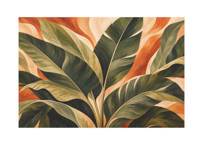 A rectangular wall art print featuring a stylized tropical leaf pattern in shades of dark green, olive, and beige against a warm orange and cream background, shown centered on a white backdrop.