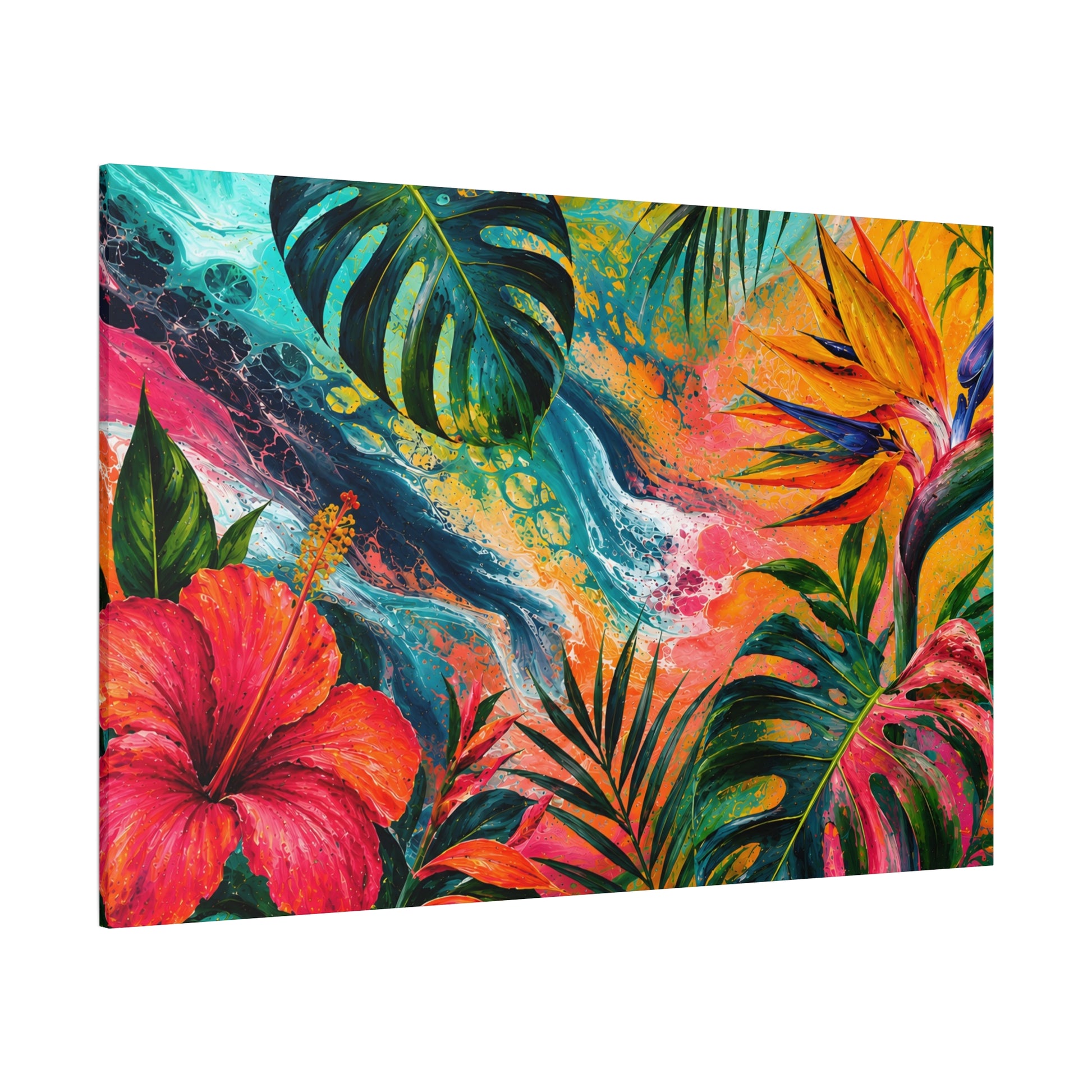 Colorful tropical floral painting with vibrant leaves and flowers on a white background