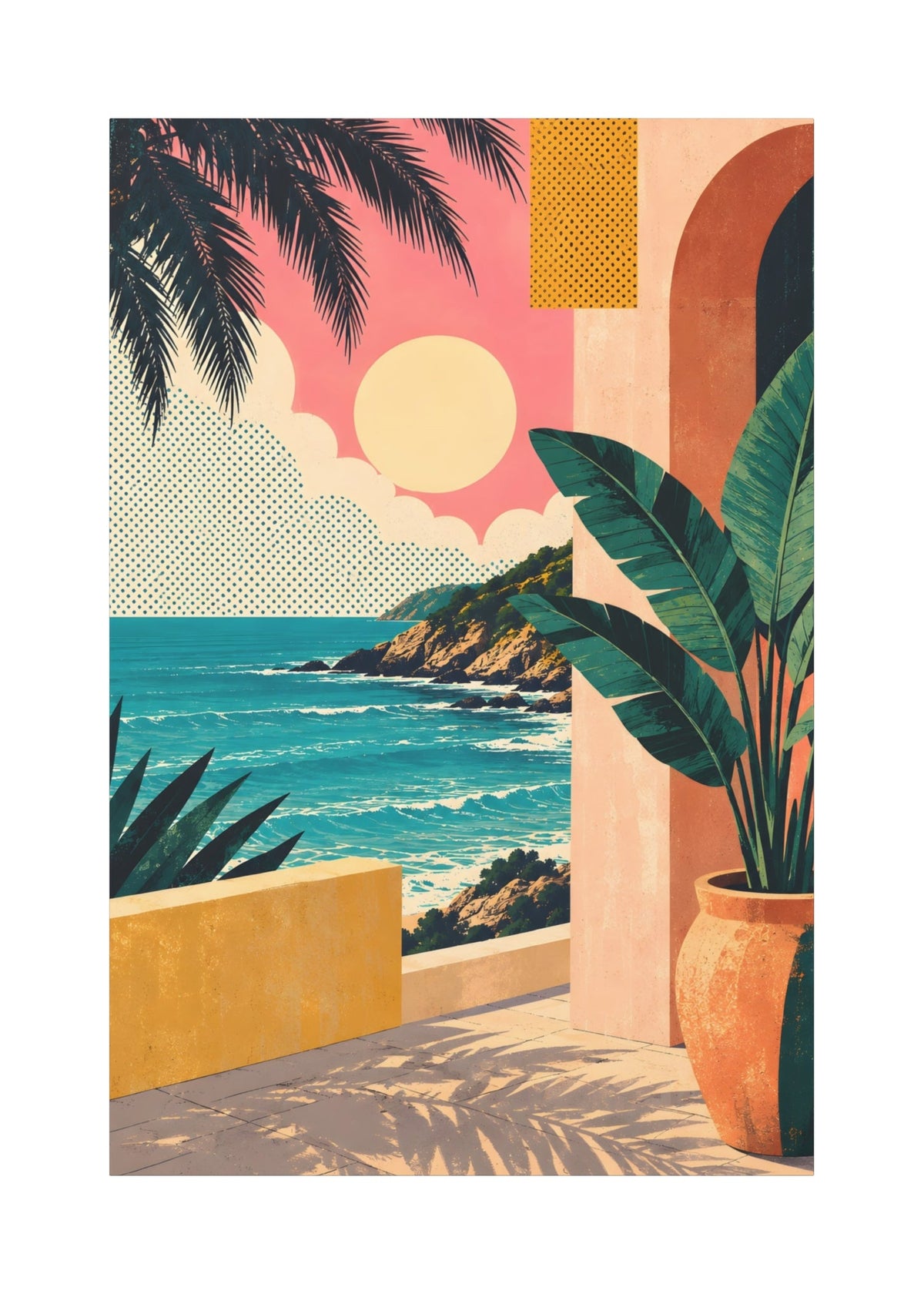 A vertical art print featuring a retro-style tropical coastal scene with turquoise ocean water, pink sky, palm leaves, a potted banana plant, and warm architectural elements, shown centered on a white background.