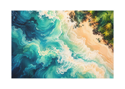An abstract coastal landscape art print featuring swirling turquoise, teal, and deep blue ocean waves meeting a sandy beige shore with dark green palm-like foliage, shown against a plain white background.