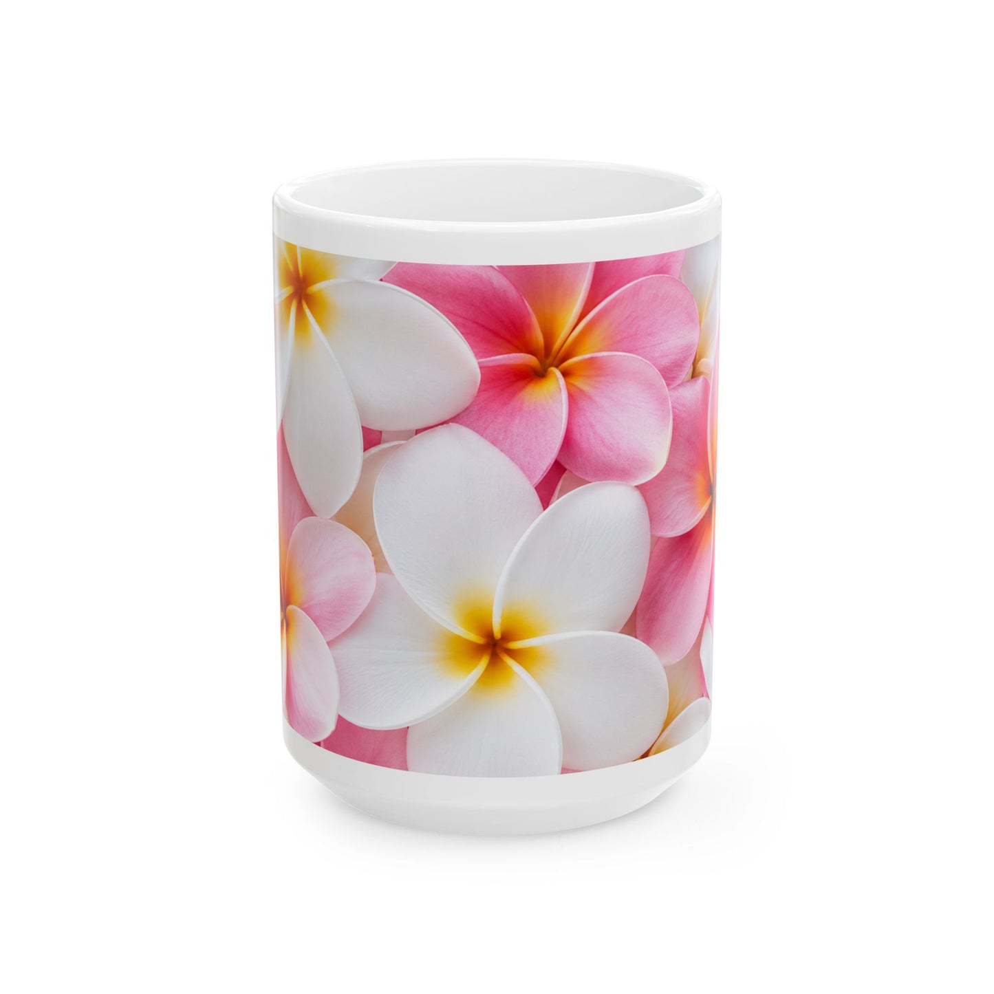 Pink Plumeria Floral Ceramic Mug — Tropical Frangipani Coffee Cup (11oz & 15oz)