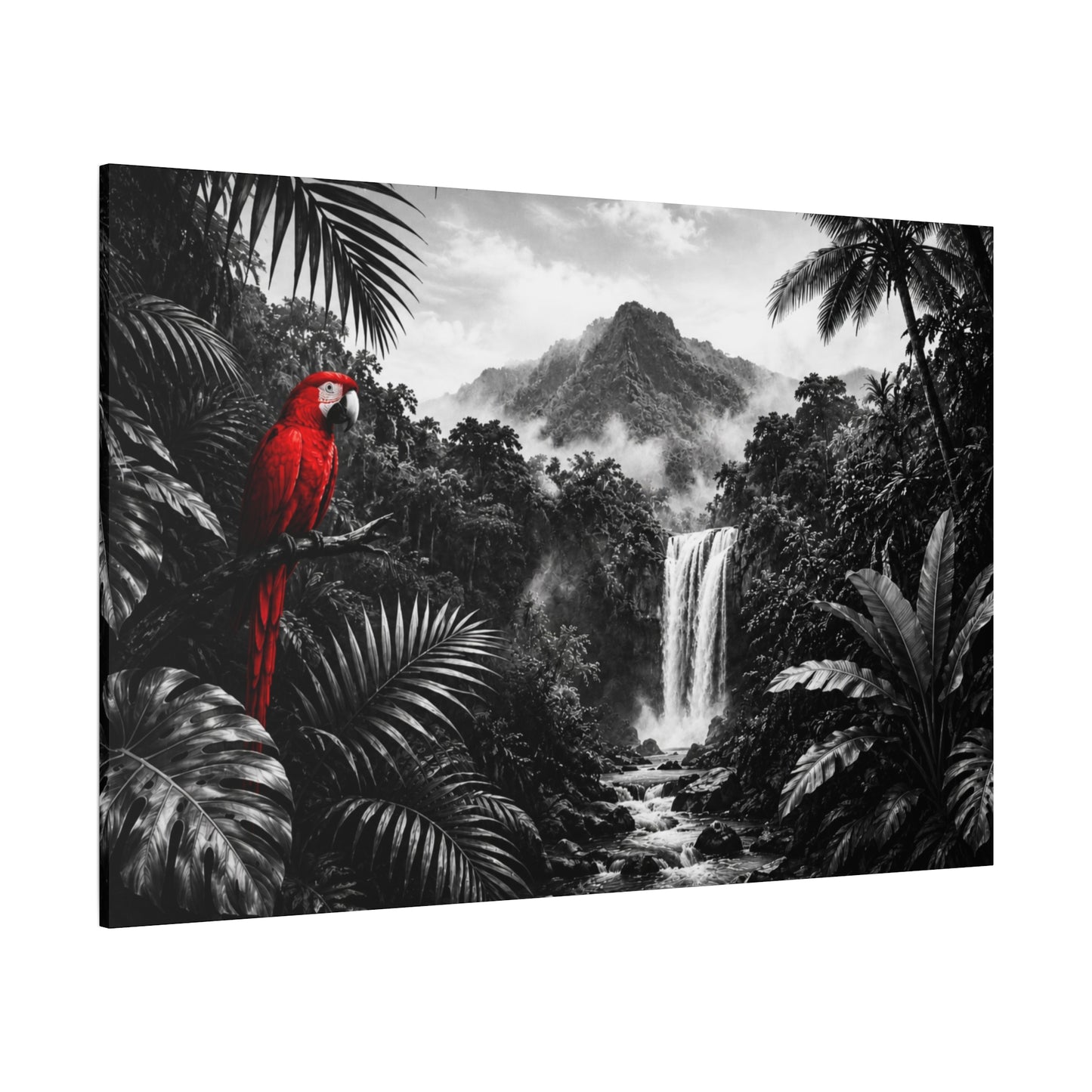 Tropical Waterfall Canvas Print — Black & White Jungle with Red Macaw