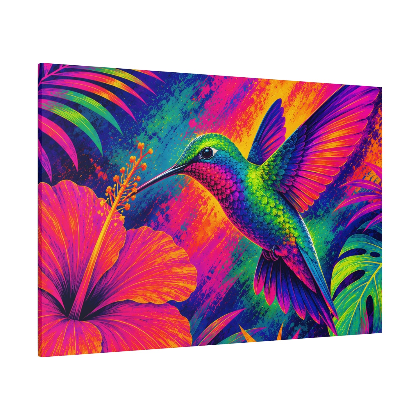 Vibrant Hummingbird Tropical Canvas Art - Neon Floral Stretched Print