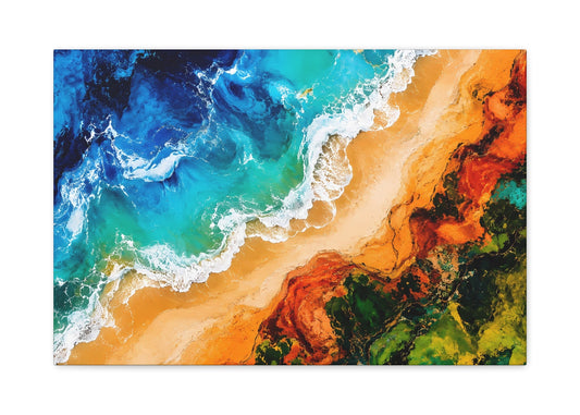 An abstract coastal landscape art print featuring vibrant blue and turquoise ocean waves with white foam crashing onto a sandy beach, transitioning into rich orange, red, green, and dark blue tones.