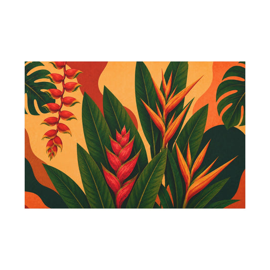 Tropical plant design with red flowers and green leaves on a warm orange background