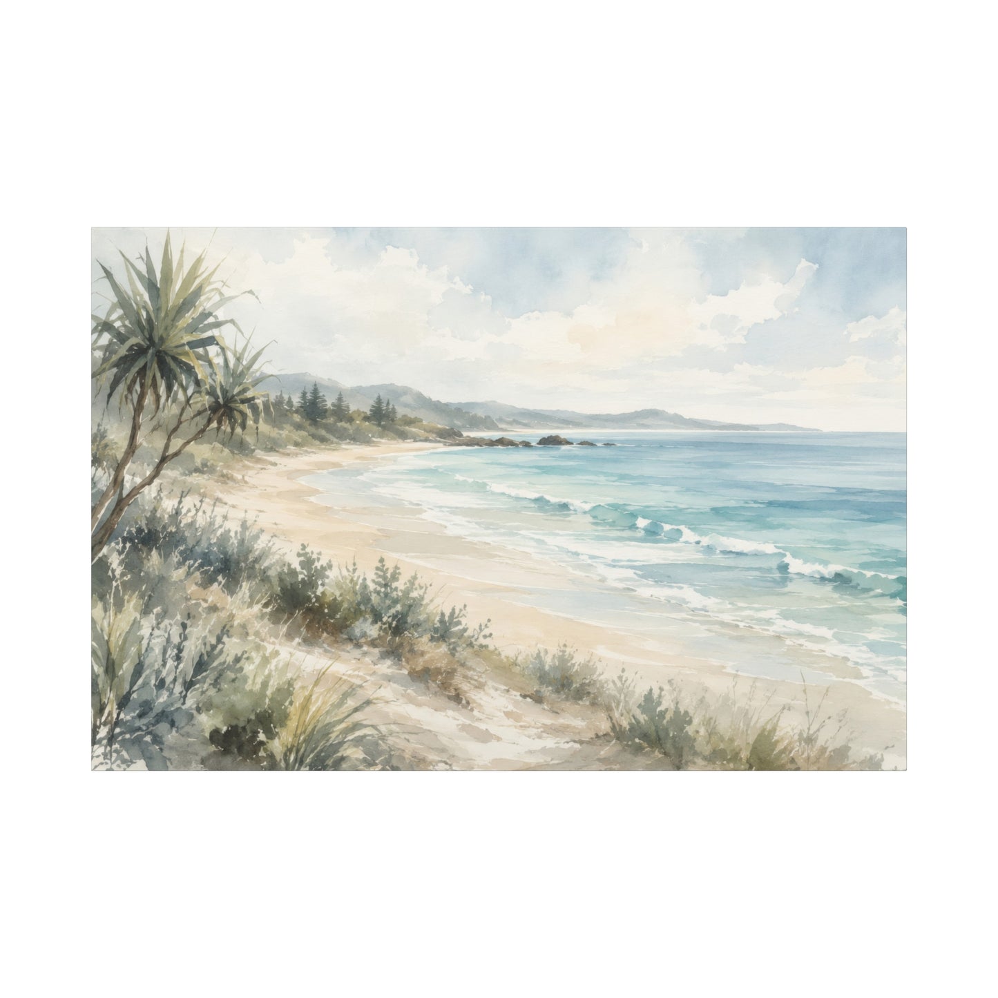 Coastal Beach Watercolor Canvas Print — Stretched Seascape Wall Art