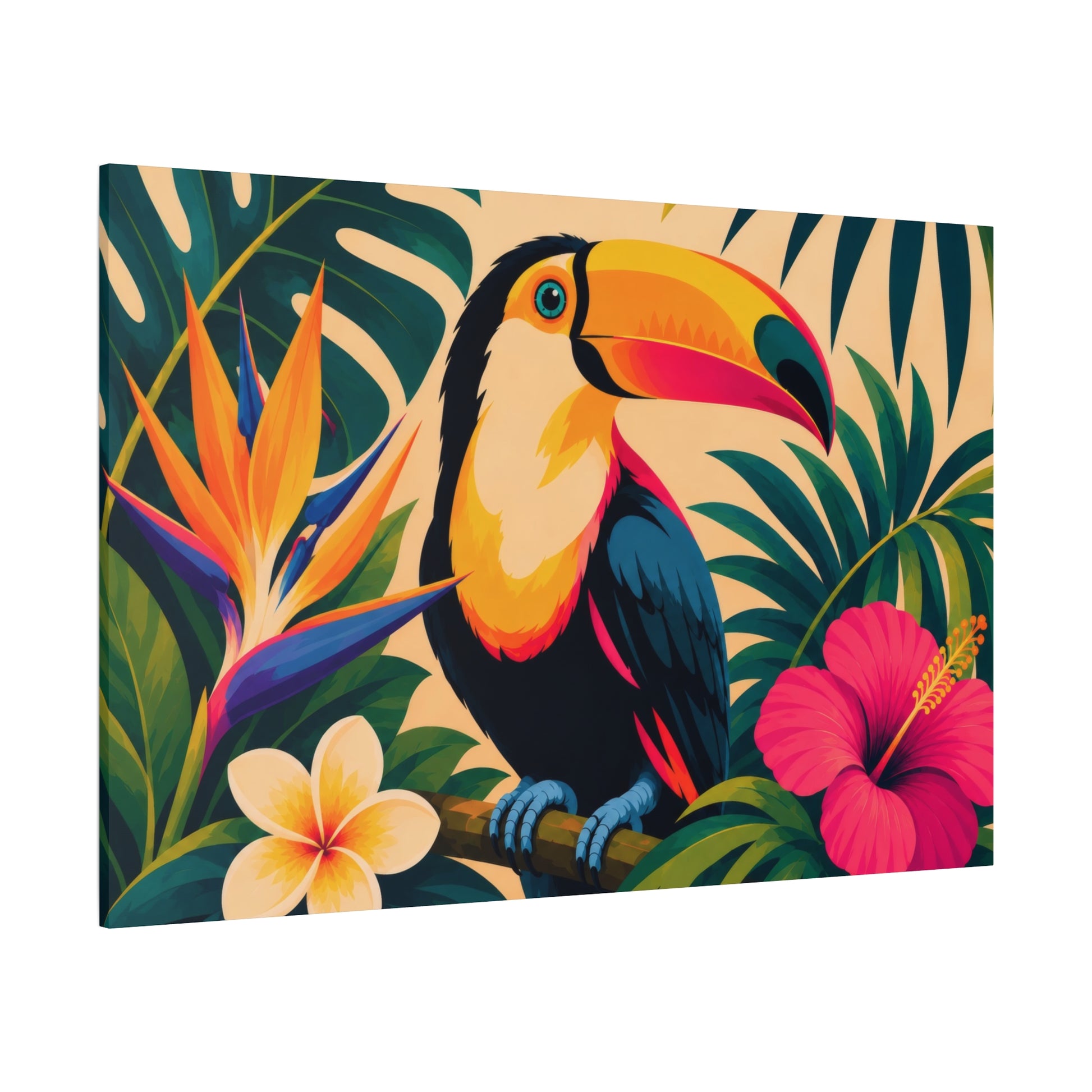 A colorful tropical art print featuring a toucan perched among palm leaves, a pink hibiscus flower, and an orange bird of paradise flower on a cream background.