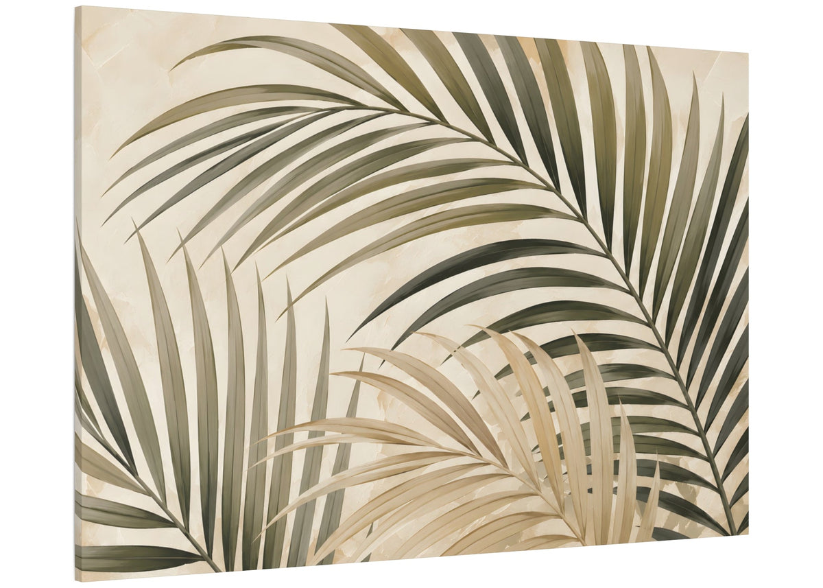 A rectangular canvas wall art print featuring a tropical palm leaf pattern in muted green and beige tones on a cream background, shown at a slight angle against a white backdrop.