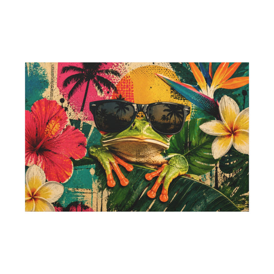 A colorful tropical art print featuring a green tree frog wearing black sunglasses, surrounded by hibiscus flowers, palm trees, and a yellow sun on a textured teal background.