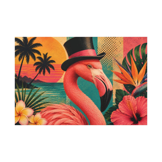 A colorful tropical art print featuring a pink flamingo wearing a black top hat, surrounded by palm trees, hibiscus flowers, and a sunset beach scene.
