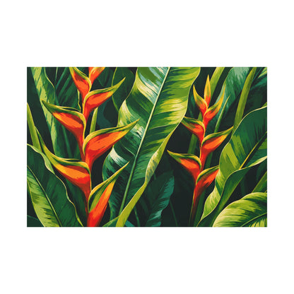 Tropical heliconia plant with red flowers and green leaves on a white background