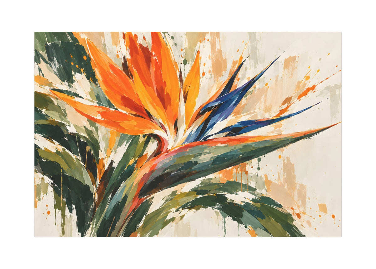 Abstract floral painting featuring a bird of paradise flower with bright orange, blue, and green brushstrokes on a textured cream background.
