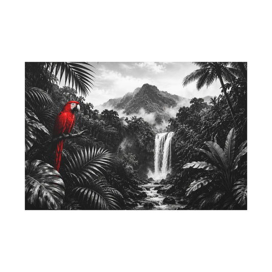 Tropical Waterfall Canvas Print — Black & White Jungle with Red Macaw