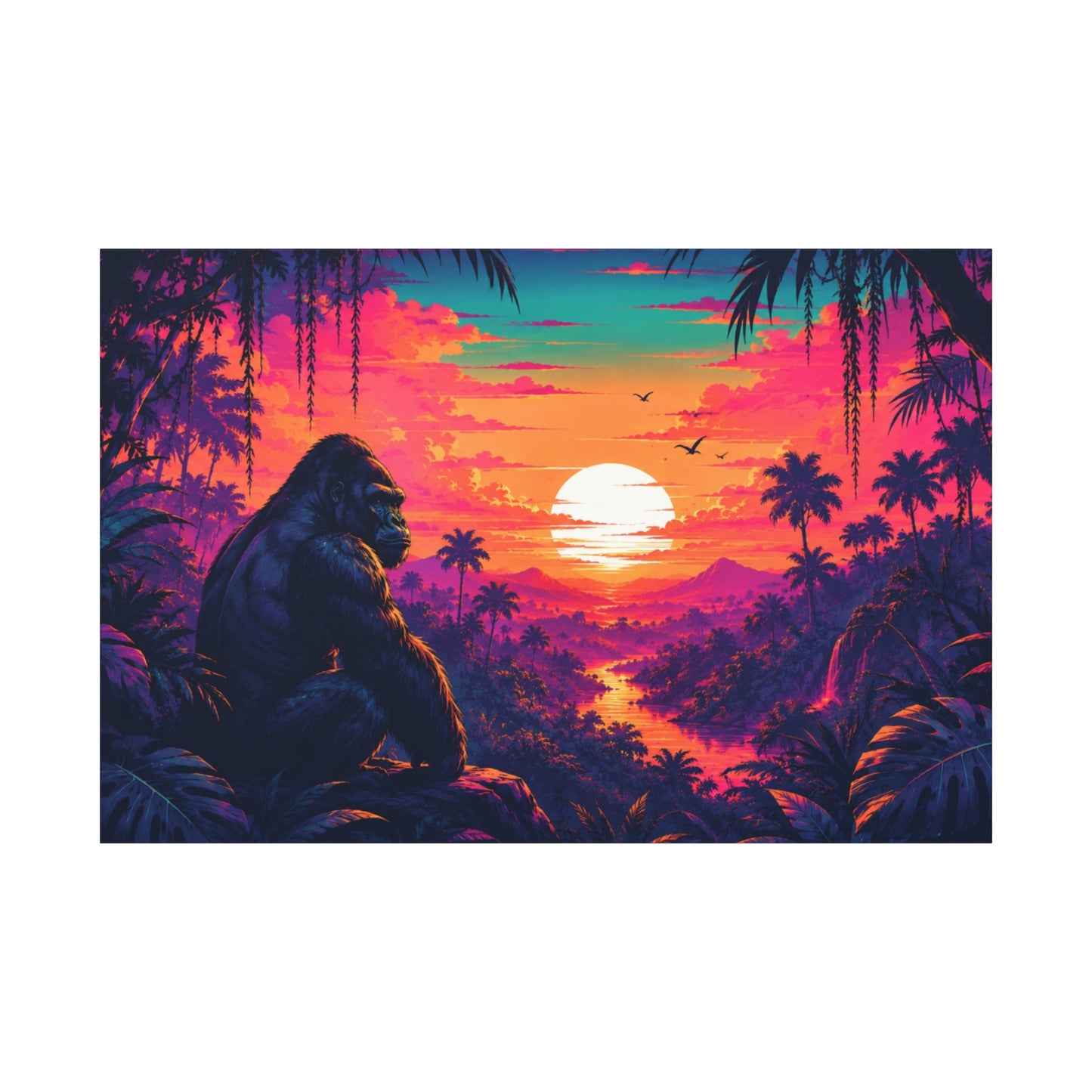 Tropical Sunset Gorilla Matte Canvas Wall Art — Vibrant Jungle Sunset Print, Stretched 1.25"