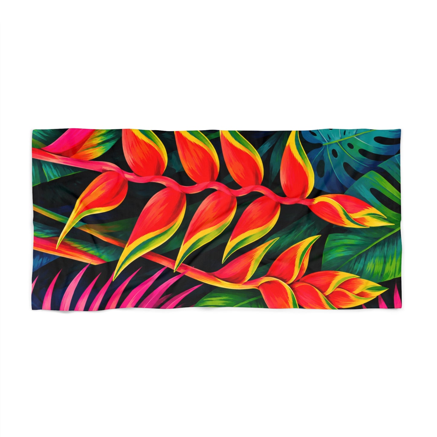 Tropical Heliconia Beach Towel — Vibrant Floral Tropical Leaf Pattern