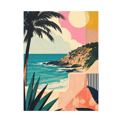 Colorful beach scene with palm trees and a mountain, featuring abstract patterns.