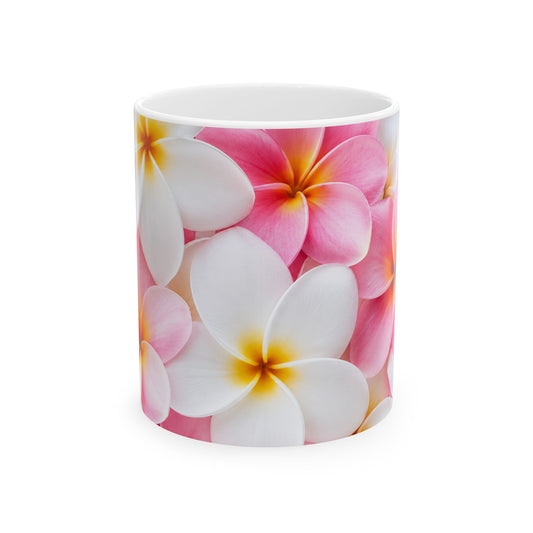 Pink Plumeria Floral Ceramic Mug — Tropical Frangipani Coffee Cup (11oz & 15oz)