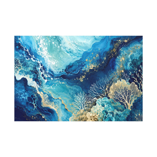 Ocean Abstract Canvas Art - Blue Gold Coral Wave, Stretched Matte Print