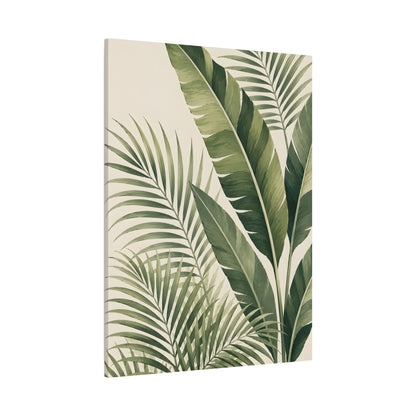 Vertical canvas wall art featuring a botanical pattern of green tropical leaves on a warm cream background, shown at a slight angle to highlight its depth.