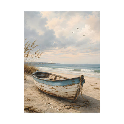 Beached boat on a sandy beach with ocean and sky in the background