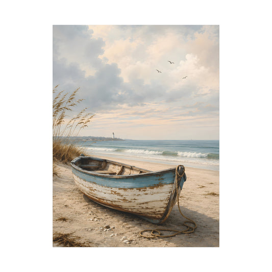 Beached boat on a sandy beach with ocean and sky in the background