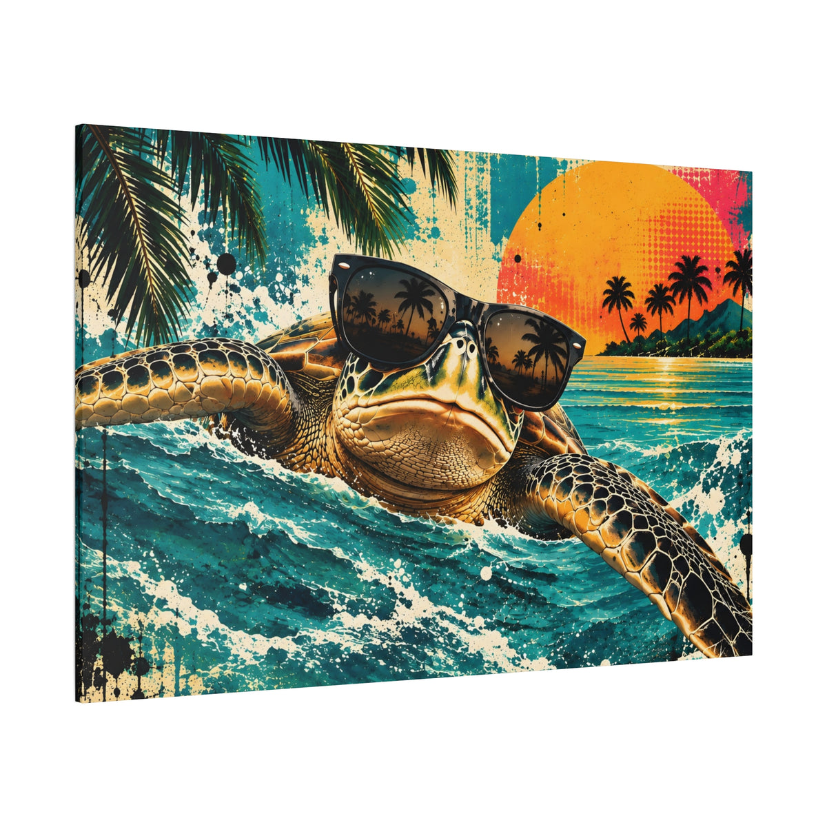A square canvas wall art print featuring a tropical sea turtle wearing black sunglasses, swimming in turquoise ocean waves with palm trees, a sunset, and a beach scene in the background.