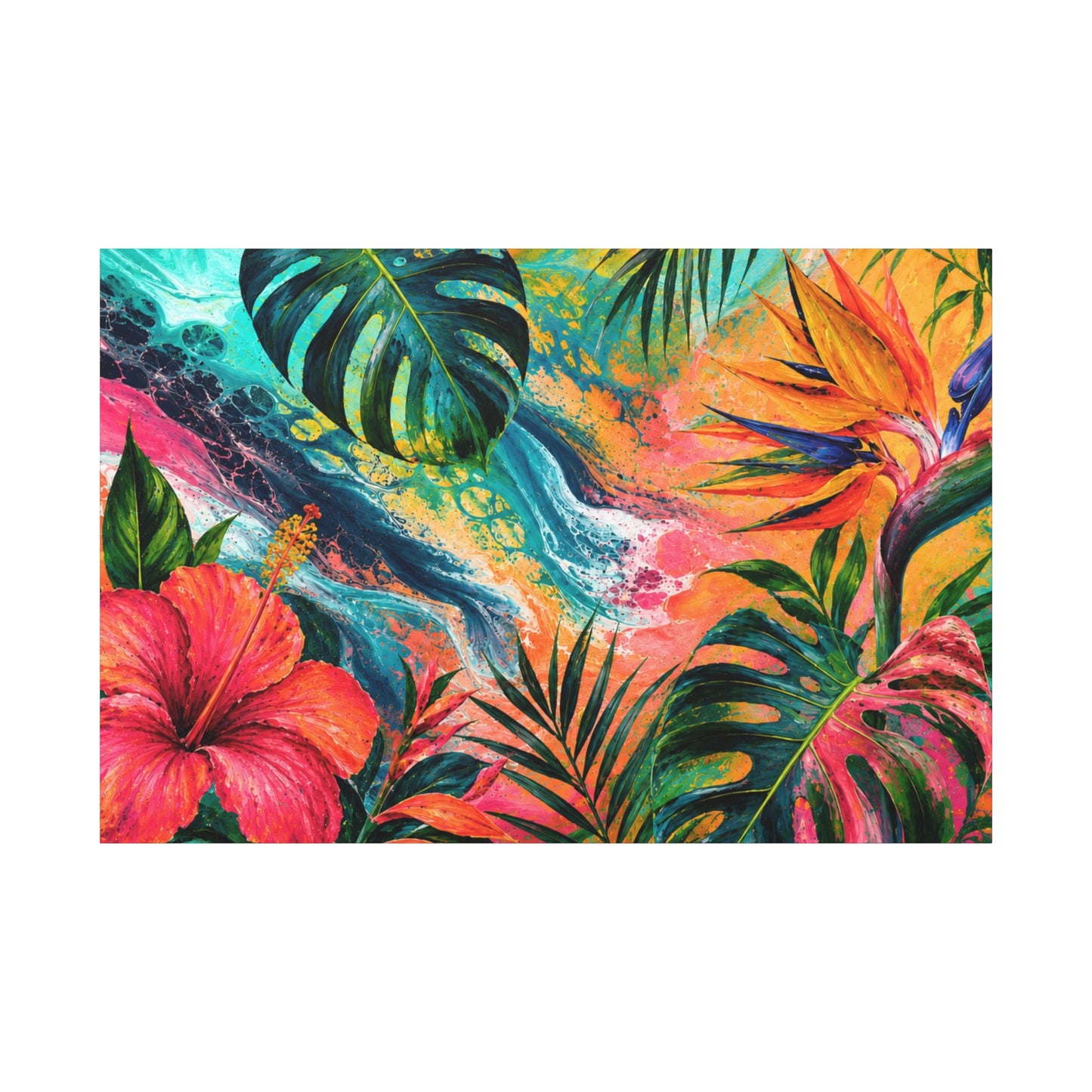 Tropical Floral Canvas Wall Art — Vibrant Hibiscus & Monstera Matte Print